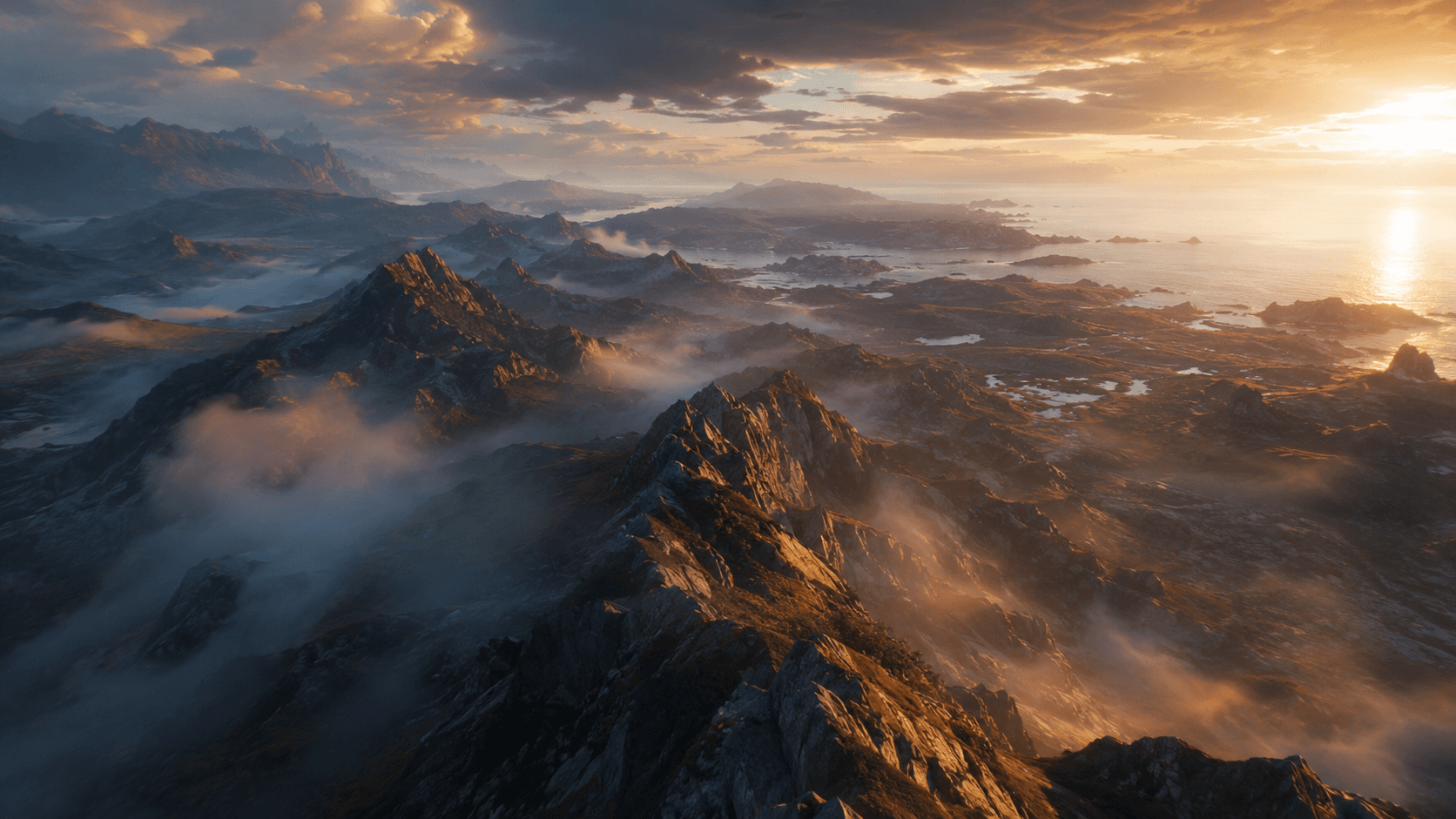 Cinematic flythrough cover frame over fantasy terrain at dawn